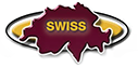 Swiss Wire logo includes Switzerland in burgandy; gold oval behind it, SWISS letters on top